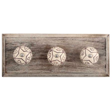 Cream Base Brown Etched Ceramic Wooden Hooks